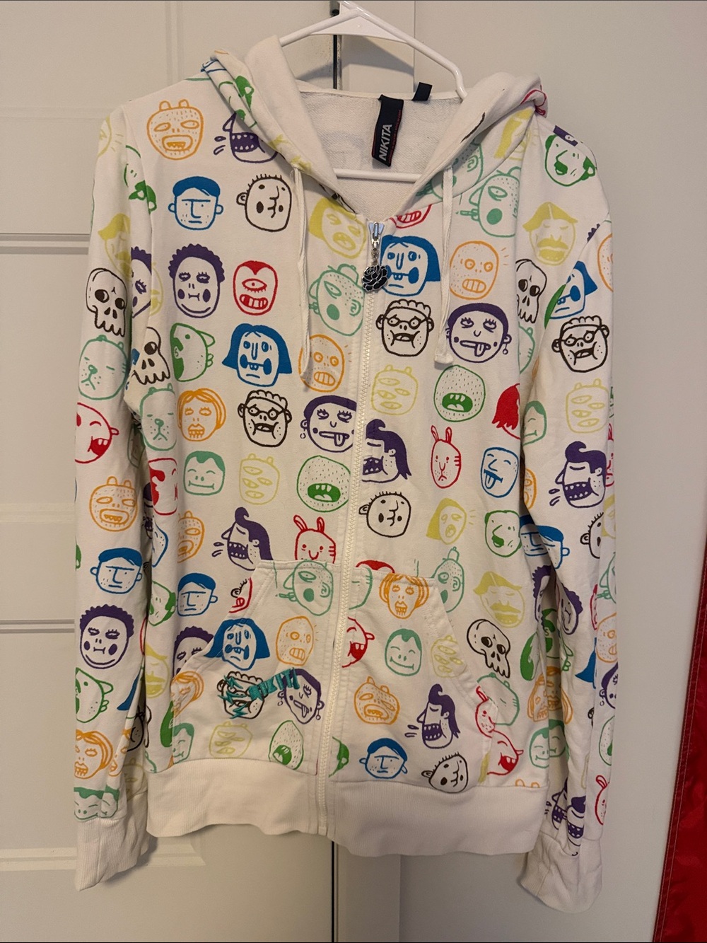 Unisex White Zip-Up Hoodie with Multicolor Faces SMALL FOR MEN /MEDIUM for women